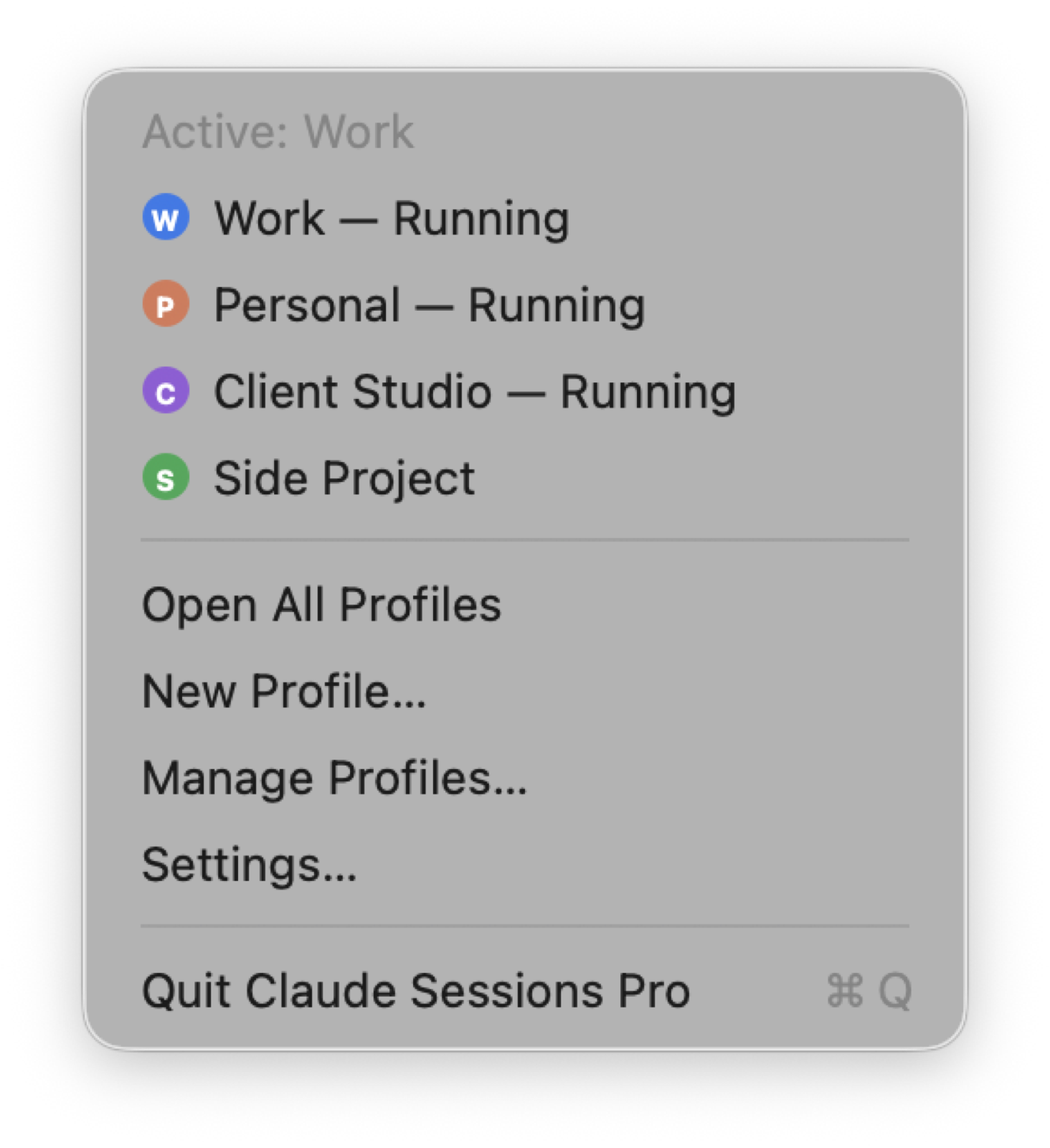 The menu bar menu listing the Work, Personal, Client Studio and Side Project accounts